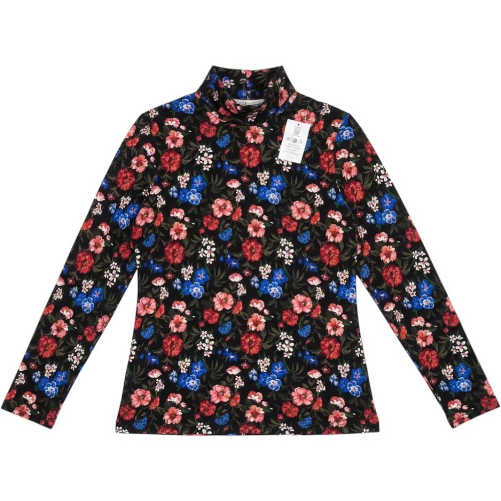 Lands End Womens Floral Turtleneck Top Black Red Blue Tencel Modal Size M 10-12